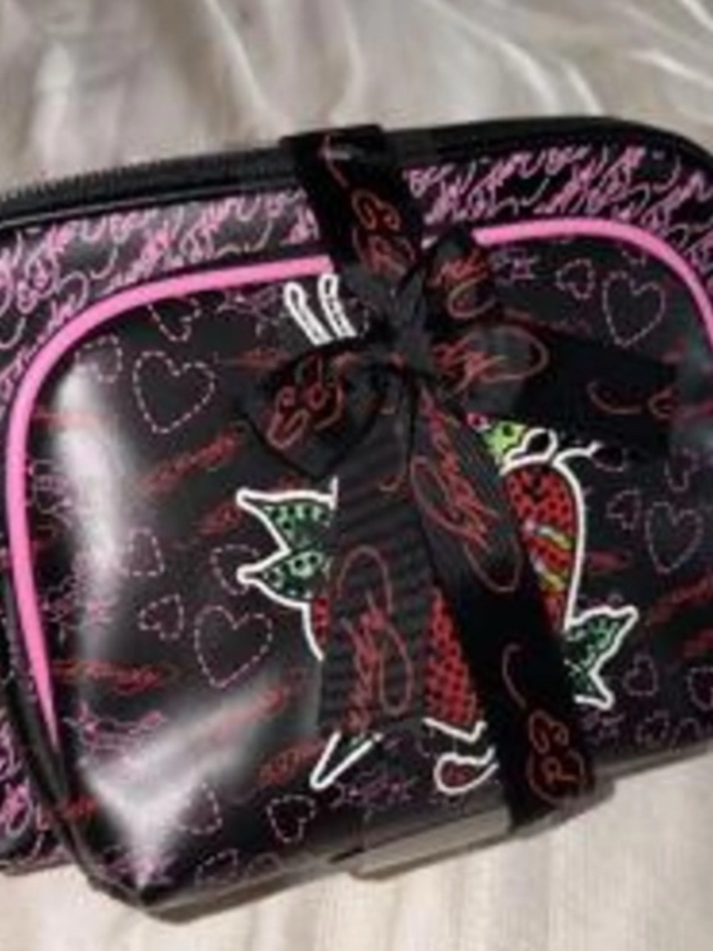 Ed Hardy Black & Pink Heart Print Cosmetic Bag 2 piece